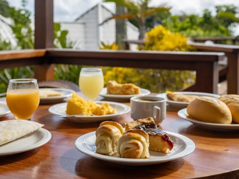 Mesa de café da manhã na varanda, com pães, sucos e bolos, cercada de verde